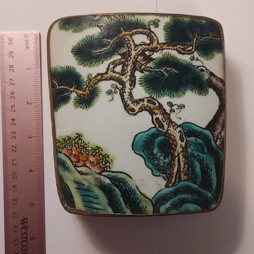 Chinese Porcelain Shard Box Vintage tree botanical floral design
